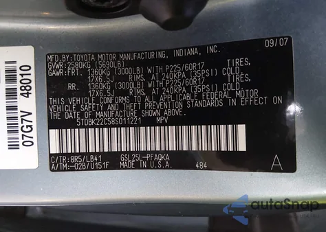 2008 Toyota Sienna Xle z USA, uszkodzony, nr VIN 5TDBK22C58S011221